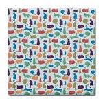 Blue Colorful Cats Silhouettes Pattern Tile Coasters