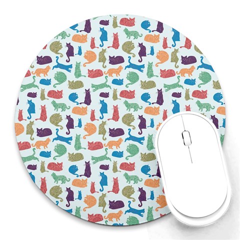 Blue Colorful Cats Silhouettes Pattern Round Mousepads from ArtsNow.com Front