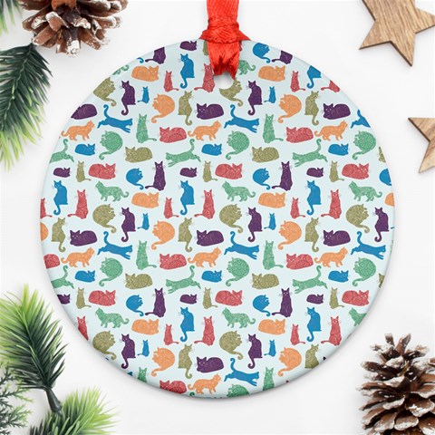 Blue Colorful Cats Silhouettes Pattern Ornament (Round)  from ArtsNow.com Front