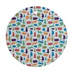 Blue Colorful Cats Silhouettes Pattern Ornament (Round) 