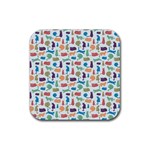 Blue Colorful Cats Silhouettes Pattern Rubber Coaster (Square) 