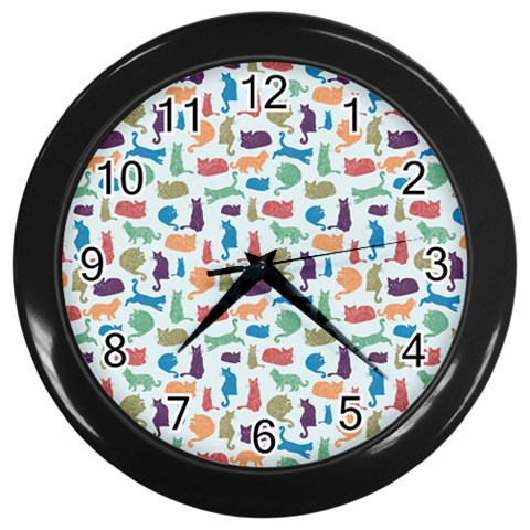 Blue Colorful Cats Silhouettes Pattern Wall Clocks (Black) from ArtsNow.com Front