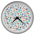 Blue Colorful Cats Silhouettes Pattern Wall Clocks (Silver) 