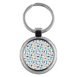 Blue Colorful Cats Silhouettes Pattern Key Chains (Round) 