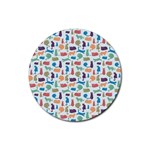 Blue Colorful Cats Silhouettes Pattern Rubber Round Coaster (4 pack) 