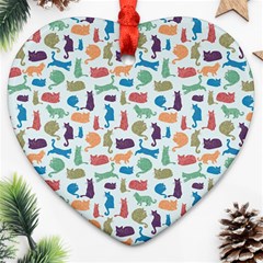 Blue Colorful Cats Silhouettes Pattern Heart Ornament (2 Sides) from ArtsNow.com Front