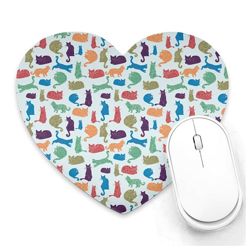 Blue Colorful Cats Silhouettes Pattern Heart Mousepads from ArtsNow.com Front