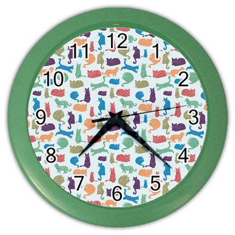 Blue Colorful Cats Silhouettes Pattern Color Wall Clocks from ArtsNow.com Front