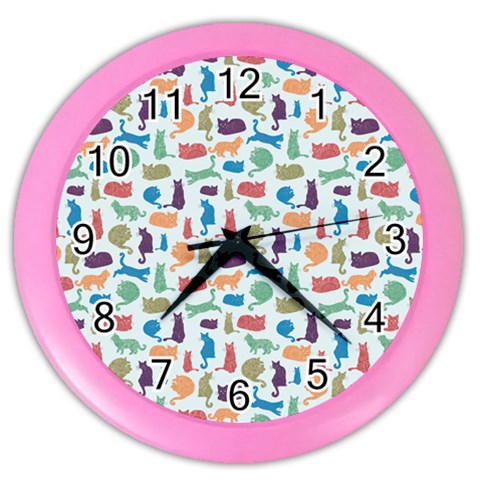 Blue Colorful Cats Silhouettes Pattern Color Wall Clocks from ArtsNow.com Front
