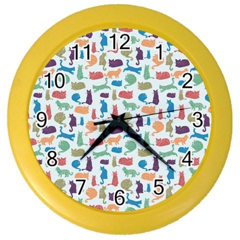 Blue Colorful Cats Silhouettes Pattern Color Wall Clocks from ArtsNow.com Front