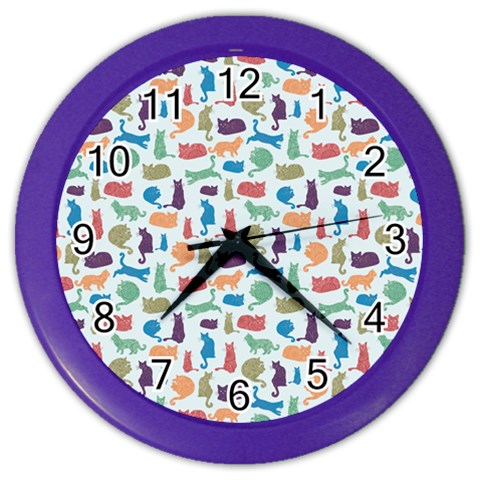 Blue Colorful Cats Silhouettes Pattern Color Wall Clocks from ArtsNow.com Front