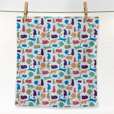 Blue Colorful Cats Silhouettes Pattern Face Towel from ArtsNow.com Front