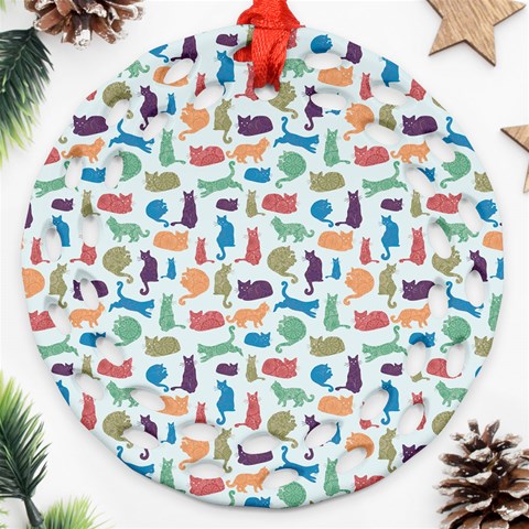 Blue Colorful Cats Silhouettes Pattern Ornament (Round Filigree)  from ArtsNow.com Front