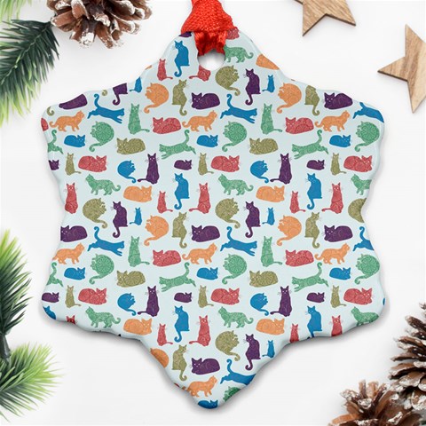Blue Colorful Cats Silhouettes Pattern Snowflake Ornament (2 Front