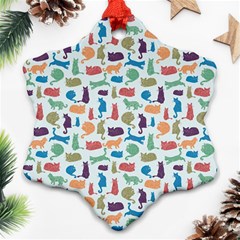 Blue Colorful Cats Silhouettes Pattern Snowflake Ornament (2 Back