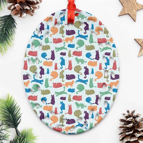 Blue Colorful Cats Silhouettes Pattern Oval Filigree Ornament (2 Front