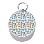 Blue Colorful Cats Silhouettes Pattern Mini Silver Compasses