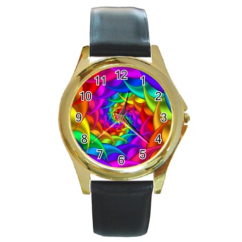 Psychedelic Rainbow Spiral Round Gold Metal Watch from ArtsNow.com Front