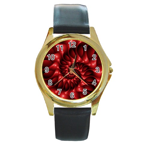 Red Glossy Fractal Spiral Round Gold Metal Watch from ArtsNow.com Front