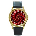 Red Glossy Fractal Spiral Round Gold Metal Watch