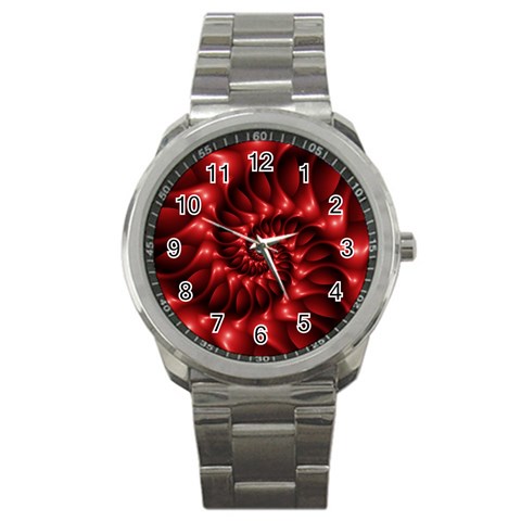 Red Glossy Fractal Spiral Sport Metal Watch from ArtsNow.com Front