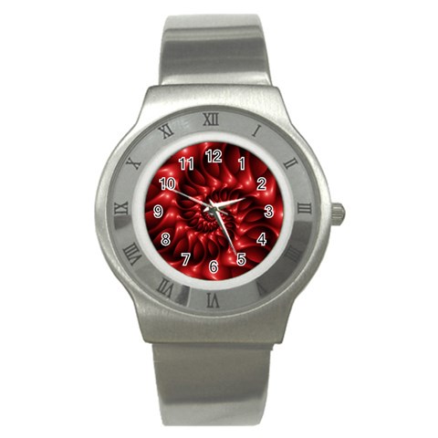 Red Glossy Fractal Spiral Stainless Steel Watch from ArtsNow.com Front