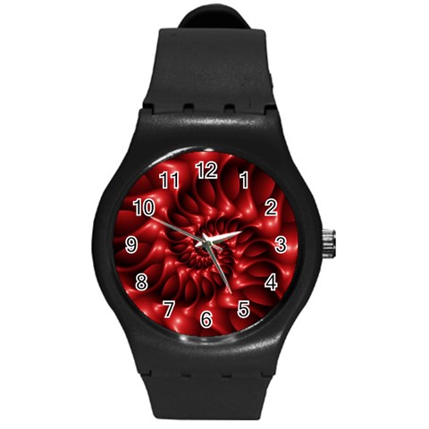 Red Glossy Fractal Spiral Round Plastic Sport Watch (M) from ArtsNow.com Front