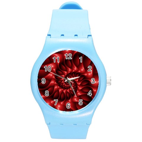Red Glossy Fractal Spiral Round Plastic Sport Watch (M) from ArtsNow.com Front
