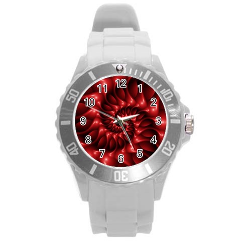 Red Glossy Fractal Spiral Round Plastic Sport Watch (L) from ArtsNow.com Front