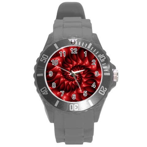 Red Glossy Fractal Spiral Round Plastic Sport Watch (L) from ArtsNow.com Front