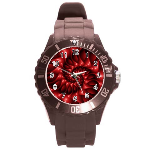 Red Glossy Fractal Spiral Round Plastic Sport Watch (L) from ArtsNow.com Front