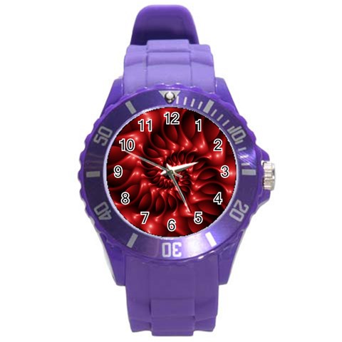 Red Glossy Fractal Spiral Round Plastic Sport Watch (L) from ArtsNow.com Front