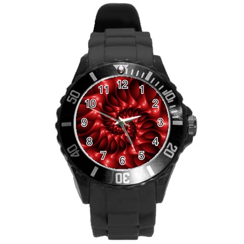 Red Glossy Fractal Spiral Round Plastic Sport Watch (L) from ArtsNow.com Front