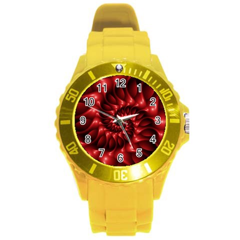 Red Glossy Fractal Spiral Round Plastic Sport Watch (L) from ArtsNow.com Front
