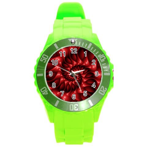 Red Glossy Fractal Spiral Round Plastic Sport Watch (L) from ArtsNow.com Front