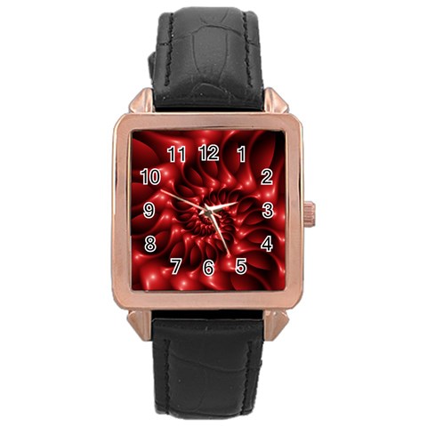 Red Glossy Fractal Spiral Rose Gold Leather Watch  from ArtsNow.com Front