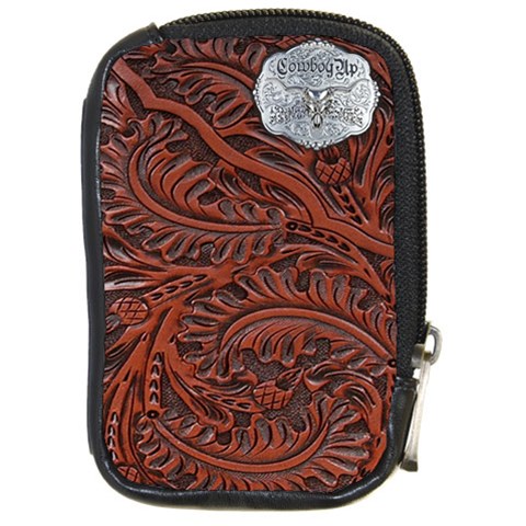 Worked leather with metal bull horn metal inlay from ArtsNow.com Front