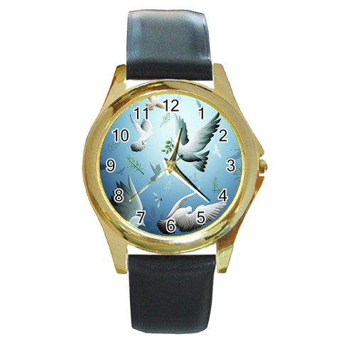 Animated Nature Wallpaper Animated Bird Round Gold Metal Watch from ArtsNow.com Front