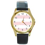 Horizontal Stripes - White and Pale Pink Round Gold Metal Watch