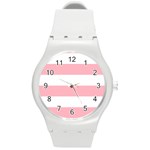 Horizontal Stripes - White and Pastel Pink Round Plastic Sport Watch (M)