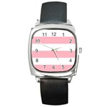 Horizontal Stripes - White and Pastel Pink Square Metal Watch