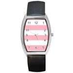 Horizontal Stripes - White and Pastel Pink Barrel Style Metal Watch