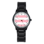 Horizontal Stripes - White and Pastel Pink Stainless Steel Round Watch