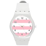 Horizontal Stripes - White and Pink Round Plastic Sport Watch (M)