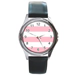 Horizontal Stripes - White and Pink Round Metal Watch