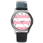 Horizontal Stripes - White and Cherry Blossom Pink Round Metal Watch