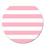 Horizontal Stripes - White and Cherry Blossom Pink Magnet 5  (Round)