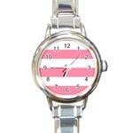 Horizontal Stripes - White and Flamingo Pink Round Italian Charm Watch