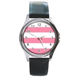 Horizontal Stripes - White and Flamingo Pink Round Metal Watch