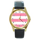 Horizontal Stripes - White and Flamingo Pink Round Gold Metal Watch